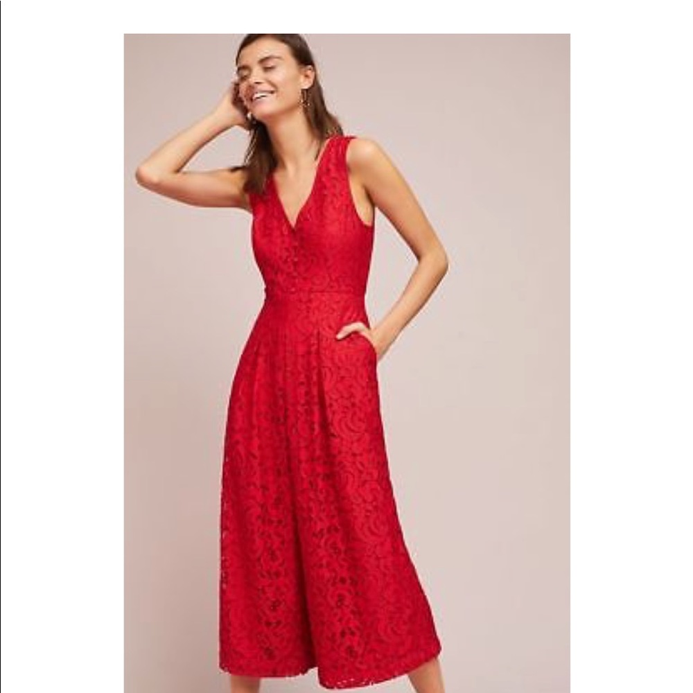 Anthropologie red lace jumpsuit